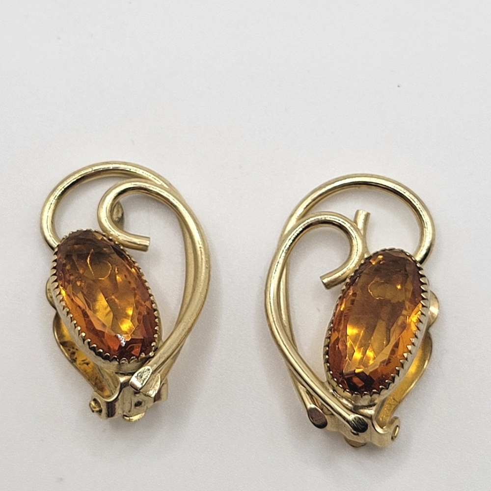 VTG Whiting & Davis Citrine and Gold Tone Swirl Earrings | SIGNED